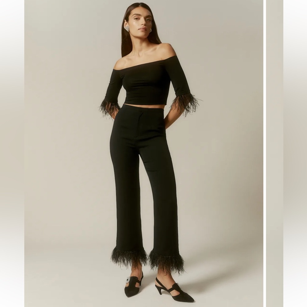 Reformation Hagan black Feather Hem Pants straight leg size 6